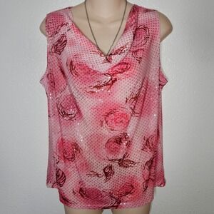 Y2k Fabiola USA Pink Rose Print Cowl Neck Sequin Top